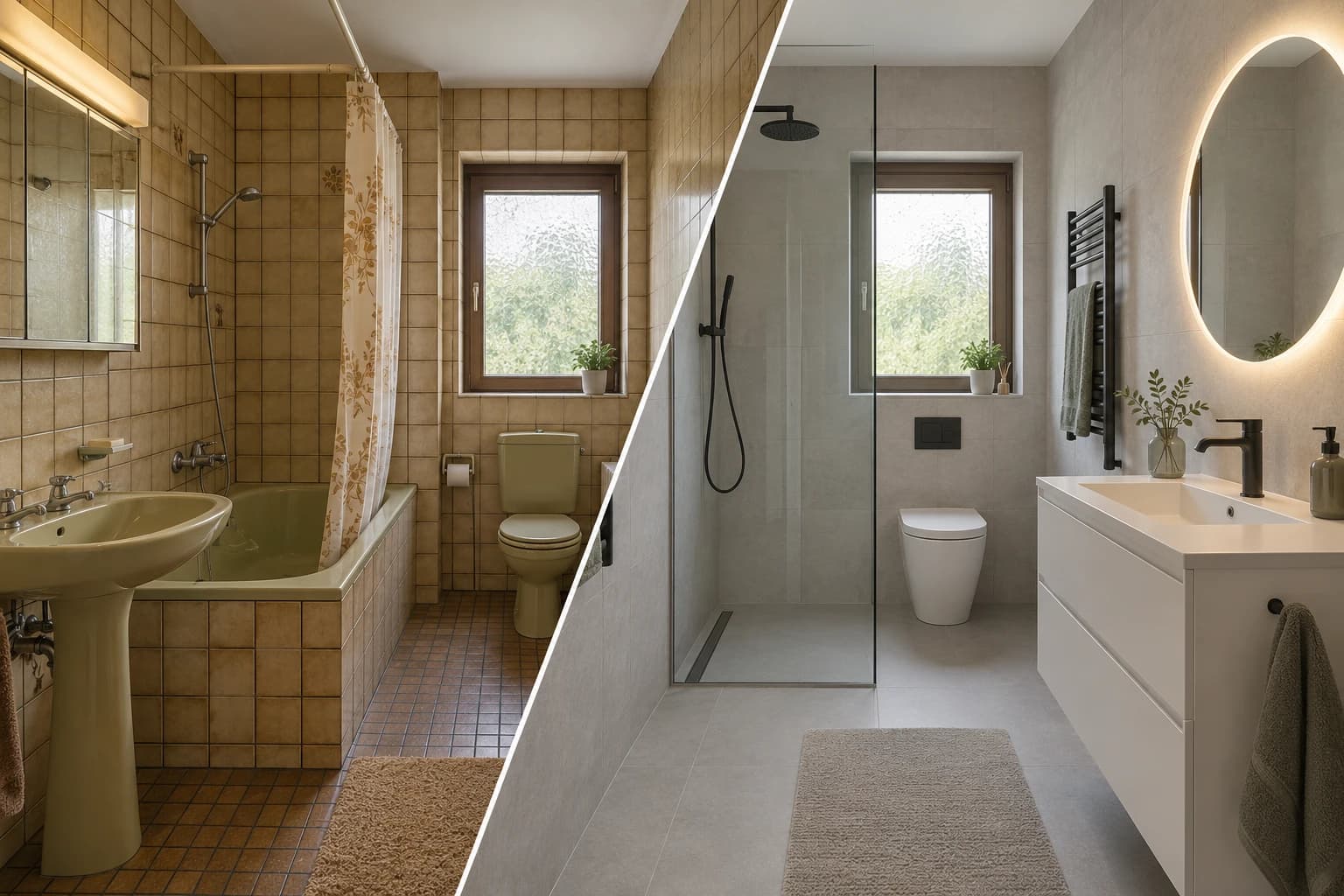 Vorher und nachher: altes Bad mit beigen Fliesen und Wanne, daneben dasselbe Bad saniert mit bodengleicher Dusche